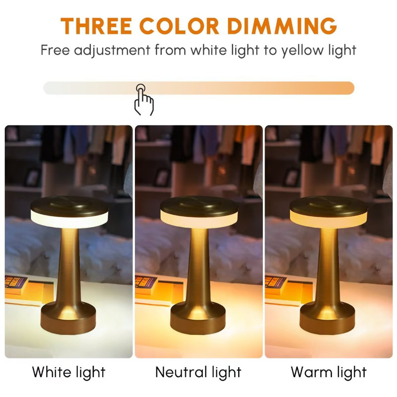 Neoglint Cordless Rechargeable Table Lamp – 4000mAh Battery, Touch Control, 3 Color Temps & Stepless Dimming, Coffee Color Metal Desk Lamp – Portable For Bedroom, Dining, Cafe, Bar